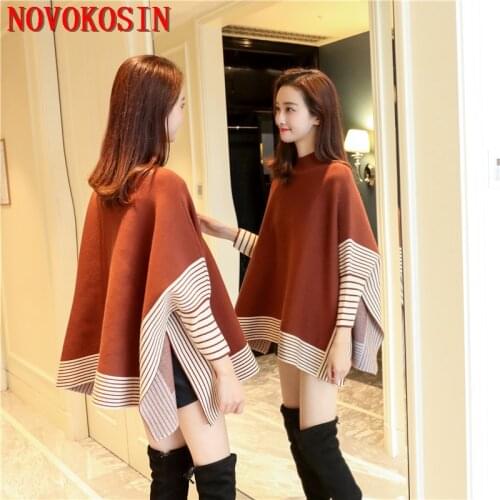 2021 Women Batwing Sleeves Loose Poncho Autumn Knitted High Neck Split Long Sweater Black White Striped Outstreet Wear Coat