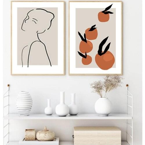 Abstract Girls One Line Drawing Orange Wall Art Canvas Painting Boho Poster And Print Nordic Pictures Living Room Home Decor