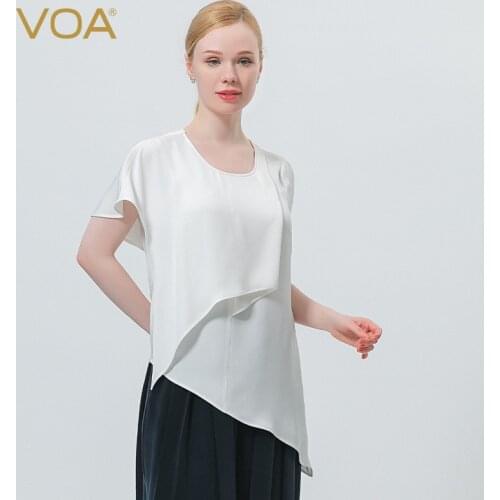 VOA 40m/m Silk White Tops O-Neck Sleeve Asymmetric Three-dimensional Loose-leaf Splicing Loose Breathable Party T-shirt BE675
