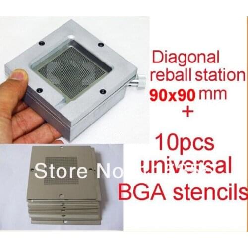 Free shipping 90mm Diagonal Reball Station holder jig + 90x90mm universal BGA stencils BGA reball tools kit