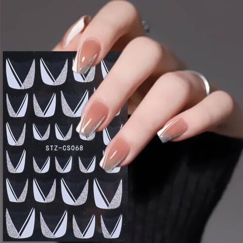 Glitter French Line Nail Stickers Silver White Oblique Strip Decals Slider 3D Star Heart Shiny Decoration Nail Tips NLSTZ-CS068