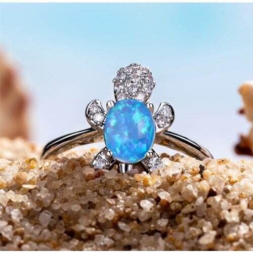Boho Female Blue Oval Opal Ring Charm Silver Color Thin Wedding Rings For Women Cute Crystal Turtle Thin Engagement Ring
