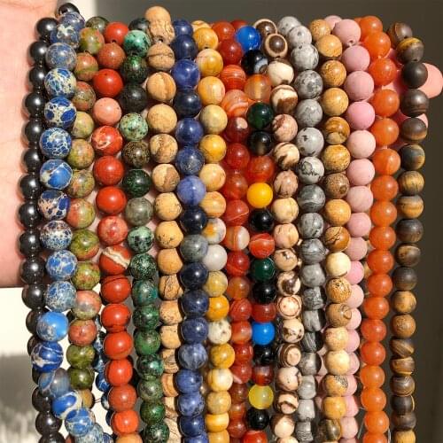 Natural Round Tiger Eye Coral Opal Lava Turquoises Agates Jaspers Spacer Loose Stone Beads for DIY Jewelry Making Bracelet 15