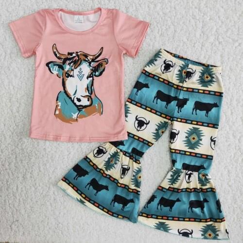 Kids clothes girls pink heifer print bell bottoms baby girl clothes spring summer holiday wear western style country wear farms