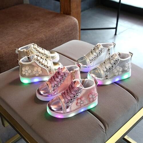 Toddler Infant Kids Baby Girls Flowers LED Luminous Sports Shoes Sneakers Sapato Infantil Light Up Shoes Children Sneakers 21-30