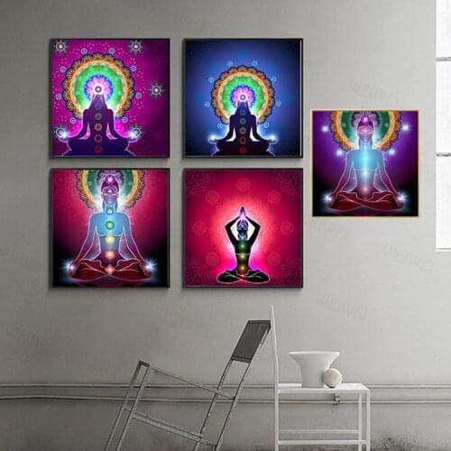 Canvas Art Posters Prints Indian Buddha Statue Meditation 7 Chakra Mandala Psychedelic Yoga Boho Wall Art Paintings Decor