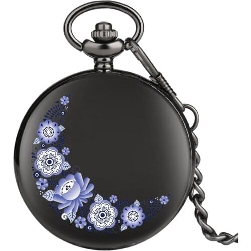 Moon Shaped Purple Flowers Pocket Watch Fashion Floral rattan Quartz Pocket Watch Jewelry Chain Clock Gifts for Men Women 2020
