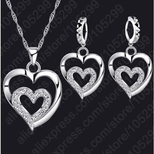 Fashion Women Jewelry Sets 925 Sterling Silver Zircon CZ Crystal Double Love Heart Necklace&Earrings Jewelry Set