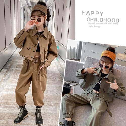 Teen Girls Overalls Sets for Gilrs Clothing Autumn Cool Long Sleeve Shirt Cargo Pants Tracksuit Kids Clothes Suit 10 12 13 Years