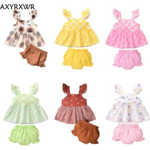 6 Colors Cute Newborn Baby Girls Summer Clothes 3pcs Flower/Sun/Rainbow Print Ruffles Sleeve Tulle Tops Dress+Shorts Sunsuits