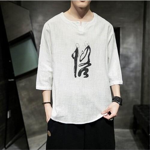 Men Oriental T-Shirt Tee Tops Traditional Chinese Style Kung Fu Shirts Blouse Zen Tea Tang Suit Kimono Haori Asian Clothes 30012