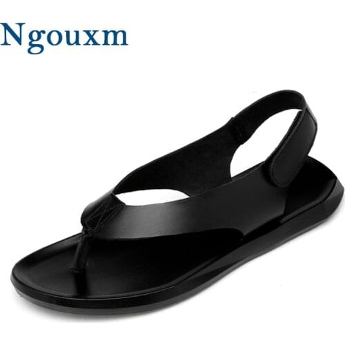 Ngouxm Summer Men Genuine Leather Sandals New design Fashion Casual Breathable Black Flat Sandals