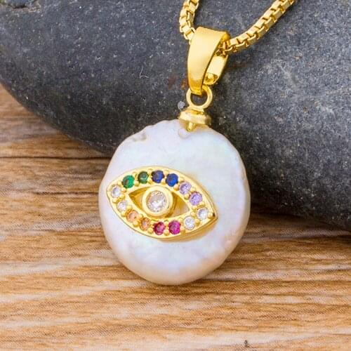 Classic Fashion Gold Chain CZ Pendant Choker Necklace Charm Natural Coin Pearl Bead Zircon Evil Eye Necklace For Women Jewelry