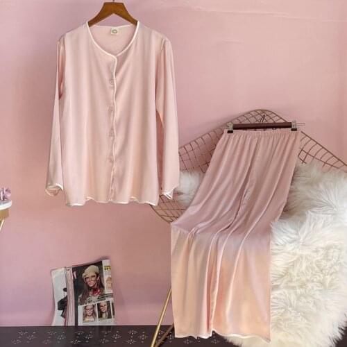Fdfklak Pajamas Set Women Stain Spring Autumn Sleepwear Ice Silk 2 Pieces Pink/White Solid Color Long-Sleeved Homewear