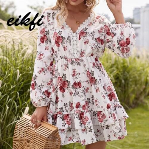 EIKFI Floral Print Puff Sleeve Women Dress Summer Autumn Ladies Lace V Neck Long Sleeve High Waist White Black Boho Mini Dress