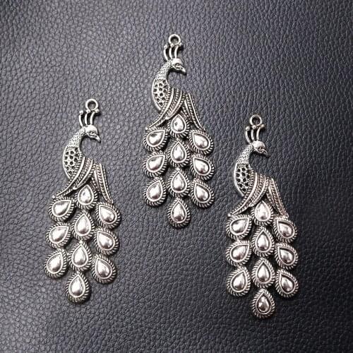 2pcs/lot Silver Plated Peacock Charm Metal Pendants Necklaces Bracelets DIY Charms for Jewelry Making Accessories 94*30mm P420