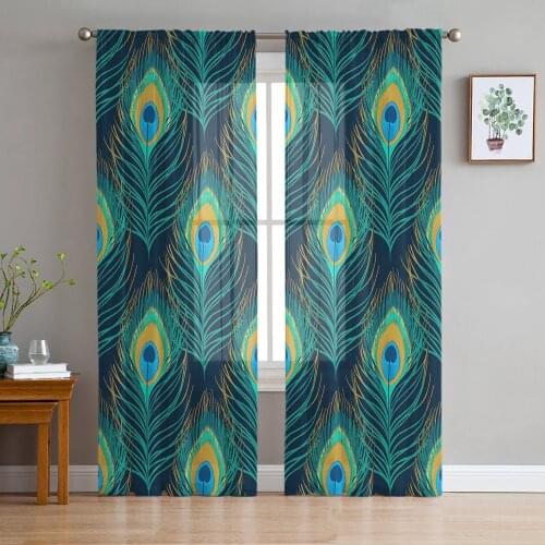 Peacock Feather Cyan Sheer Curtains for Living Room Bedroom Kitchen Chiffon Tulle Curtains Home Hotel Coffee Decor