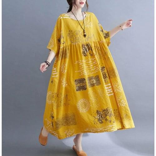 One Piece Summer Woman Sundress Vinatge Batwing Printed Loose Maxi Dress Robe Female Plus Size 4XL 5XL 6XL Cotton Linen Dresses