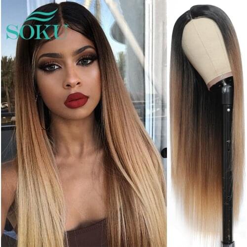 Synthetic Lace Wig Ombre Blonde Color Long Soft Straight Hairstyle SOKU Middle Part Heat Resist Black Lace Wig For Black Women