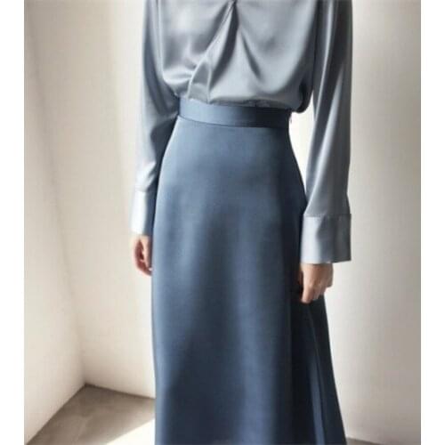 Spring / summer Satin high waist Mid-Calf skirt A-Line gentle matte pure sky blue graceful skirts office lady skirts for women