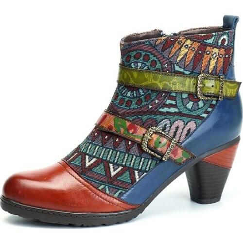 Women Genuine Leather Ankle Boots Woman Winter Shoes Flower Med Heel Zip With Buckle 2019 New Fashion Free Shipping