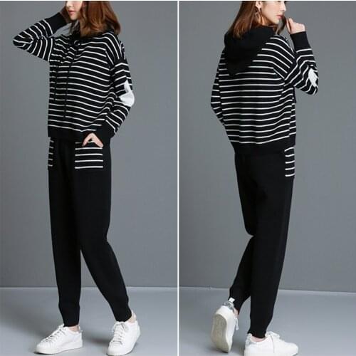 Womens fashion striped knit sweatshirts spliced hooded pullover harem pant 2pcs/set khaki 3color one&over size