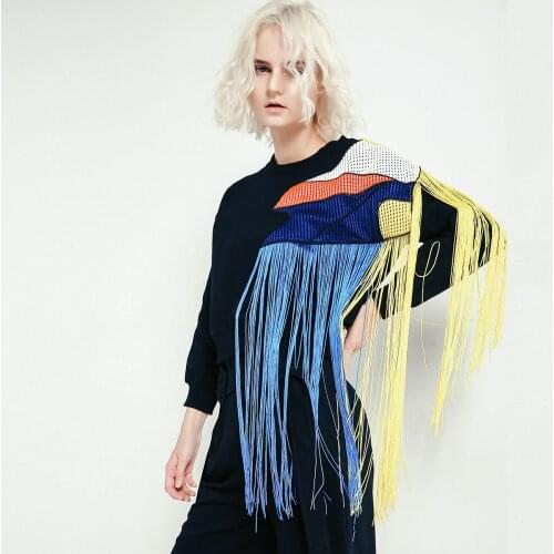 Women Sweater Thickened Office Style High-Quality Personalized Design Gongcaihong Tassel Stitching Mesh Yarn Plush