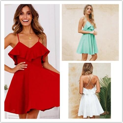 New Style Summer Women Solid Dress Fashion Sexy Deep Ruffles Backless Sundress Spaghetti Strap Tunic Beach Mini Dress 2020