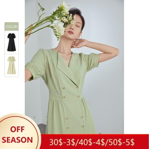 FANSILANEN Office lady long black blazer dress Women puff sleeve elegant wrap dress Summer slim button up casual green dress
