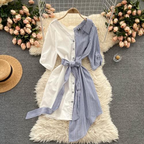 2021 Summer Fashion New Shirt VestidosV-neck Asymmetrical Contrast Stitching Temperament Womens Midi Dress GK843