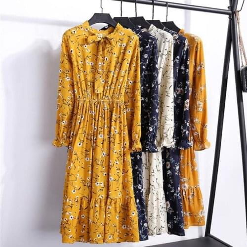 Women Casual Dress Korean Style Spring Summer Vintage Floral Printed Chiffon Shirt Dress Long Sleeve Bow Long Dress Women