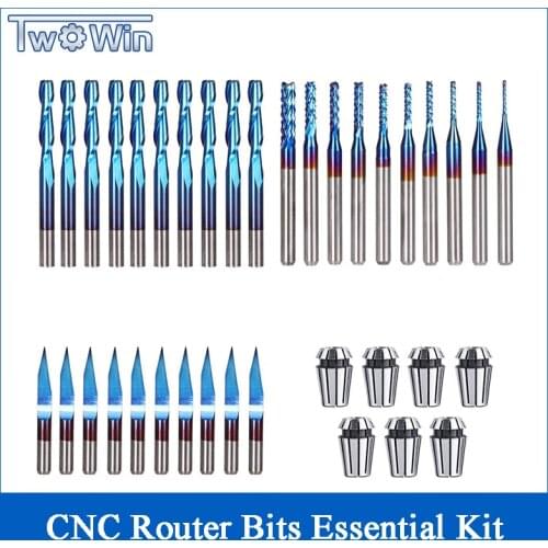 7pcs 1-7mm ER11 Collet +30pcs 3.175mm Blue Coated Essential CNC Router Bits End Mill Cutter Mini PCB Carbide Router Bits Kit Set