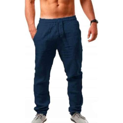 Mens Fashion Straight Pants Summer Casual Cotton Linen Drawstring Waist Solid Trousers Loose Style Full Pants with Pockets
