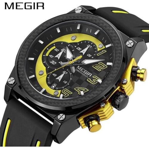 MEGIR Top Brand Luxury Sport Watch Men Silicone Quartz Watch Army Military Chronograph Mens Wrist Watches Boys Clock Men 2051
