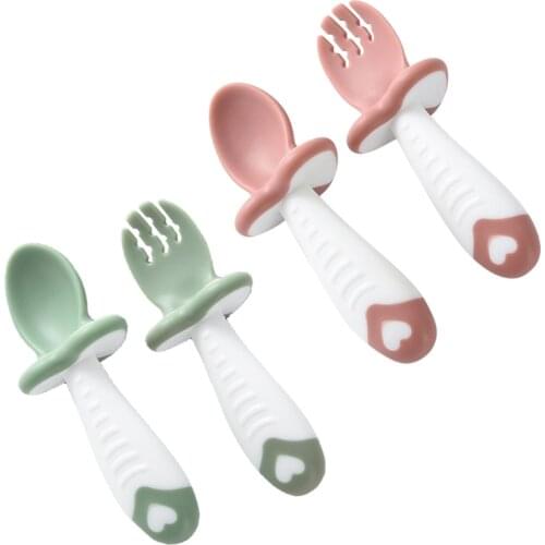 Baby Training Soft Head Spoon and Fork Short Handle Kids Spoon Fork Set BPA Free G2AE