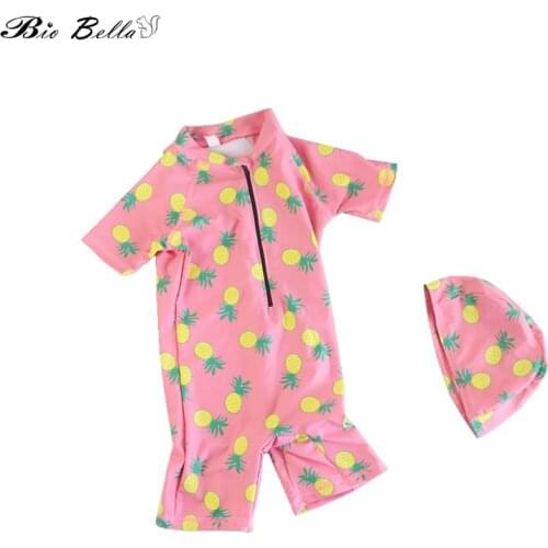Childhood Baby Boys Girls One-piece With Cap 2pcs Swimsuit Fruit Pattern Childrens Swimwear Kids Rashguard 1-7T