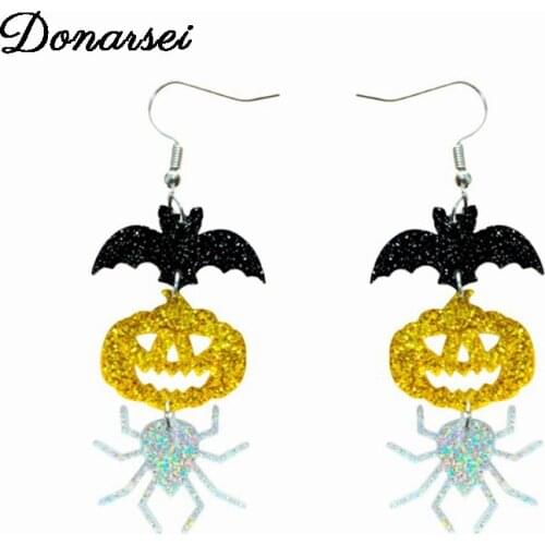 Donarsei Halloween Pumpkin Spider Bat Drop Earrings For Women Hallowmas Cosplay Glitter Dangle Earrings Gift