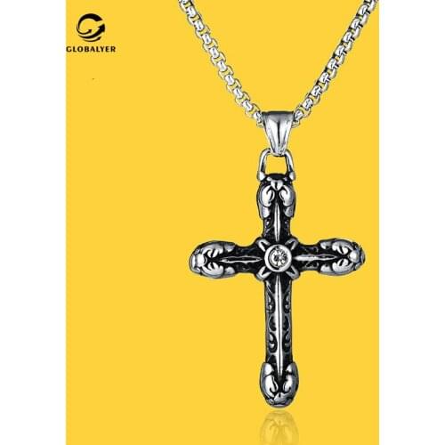 European and American religious punk style crystal cross necklace Mens hip-hop titanium steel pendant Mens birthday gift 459