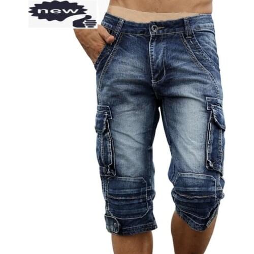 Summer Vintage Mens Straight Jeans Multiple Pockets Cargo Fashion Calf-Length Denim Shorts Plus Size Casual Jean Trousers
