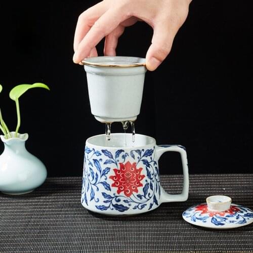 Chinese blue and white glaze ceramic tea separation cup filter cup liner household tea cup water cup tea cup