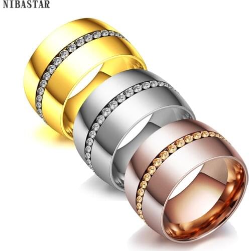 NIBASTAR 14mm Crystal Classic Ring For Women Stainless Steel Fashion Jewelry Ring For Wedding Lady Accessory