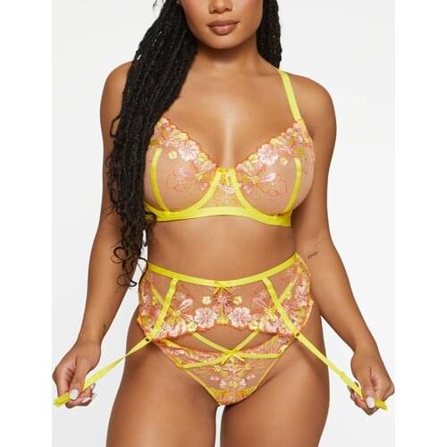 New 3 Piece Set Sensual Lingerie Woman Sexy Floral Embroidery Underwear Perspective Lingerie Set with Garters Lace Erotic Bra