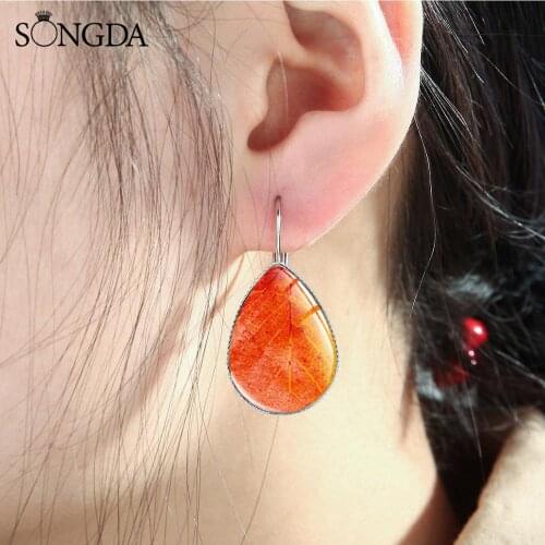 Creative Plant Maple Leaves Pattern Drop Earrings Green Red Orange Leaves Statement Earrings Lucky Jewelry Gift for Women