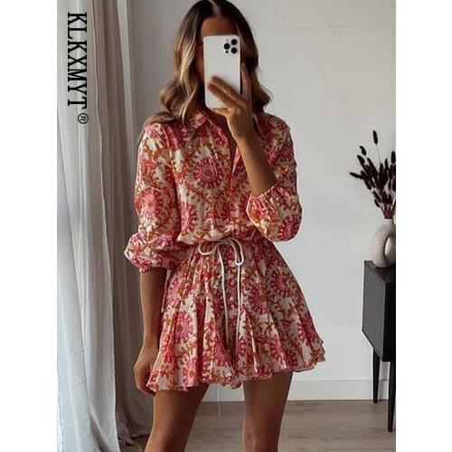 Klkxmyt Za Summer Dress Women 2021 Vintage Floral Print Ruffles Mini Shirt Dresses Female Chic Breasted Lace Up Sashes Vestidos