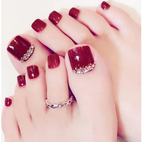 24Pcs Fashion Fake Nails DIY Foot Decor Wine Red Toenail Sticker Full Cover Fake Nail Tip Manicure Art Decoration Stickers