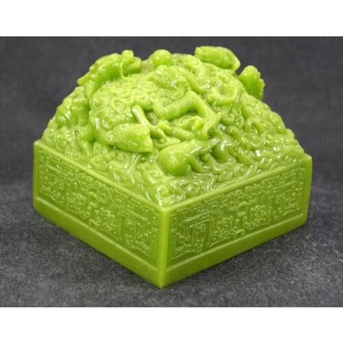 Imitation Jasper large Nine Dragons jade Stone seal Ancient China Emperors Painting calligraphy Royal Signet Green