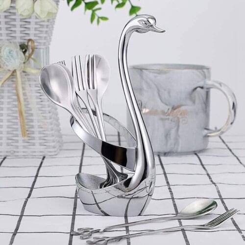 1Set Stainless Steel Dinnerware Set, Swan Base Holder with Forks and Spoons for Coffee, Dessert, Stir, Cake
