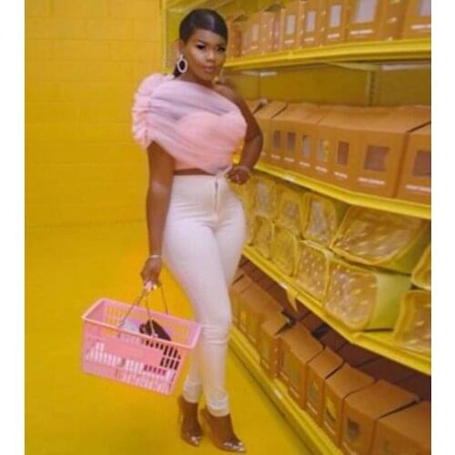 2019 Newest Sweet Pink One Shoulder Half Sleeves Tulle Top Custom Fashion Casual Skirts All Size