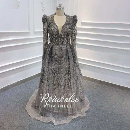 Luxury Grey Long Sleeve Lace Muslim Evening Dresses A Line Dubai Handmade Beading Party Gowns Real Pictures Rhiahnlee