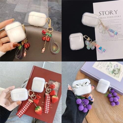 Cute TPU Clear Soft Earphone Case For Apple airpods 1 2 Pro 3 Bluetooth Headset Cover with Sweet Fruit Cherry butterfly Keychain